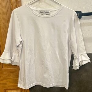 Sara Campbell Womens White Crew Neck Tee Shirt Top Ruffle Sleeve Size Medium